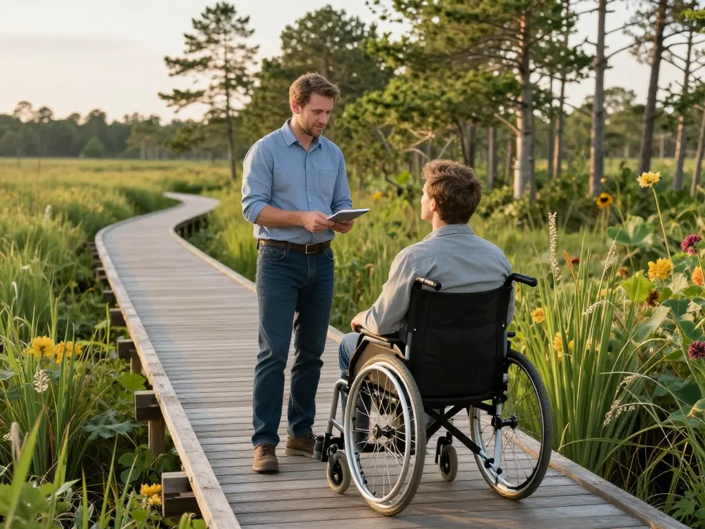 Aménagement d'un sentier en bois accessible aux personnes à mobilité réduite au sein d'une zone naturelle sauvage et protégée.