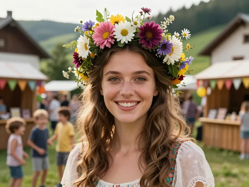 Amélie souriante avec une couronne de fleurs lors d'une animation de carnaval en plein air dans un esprit nature.