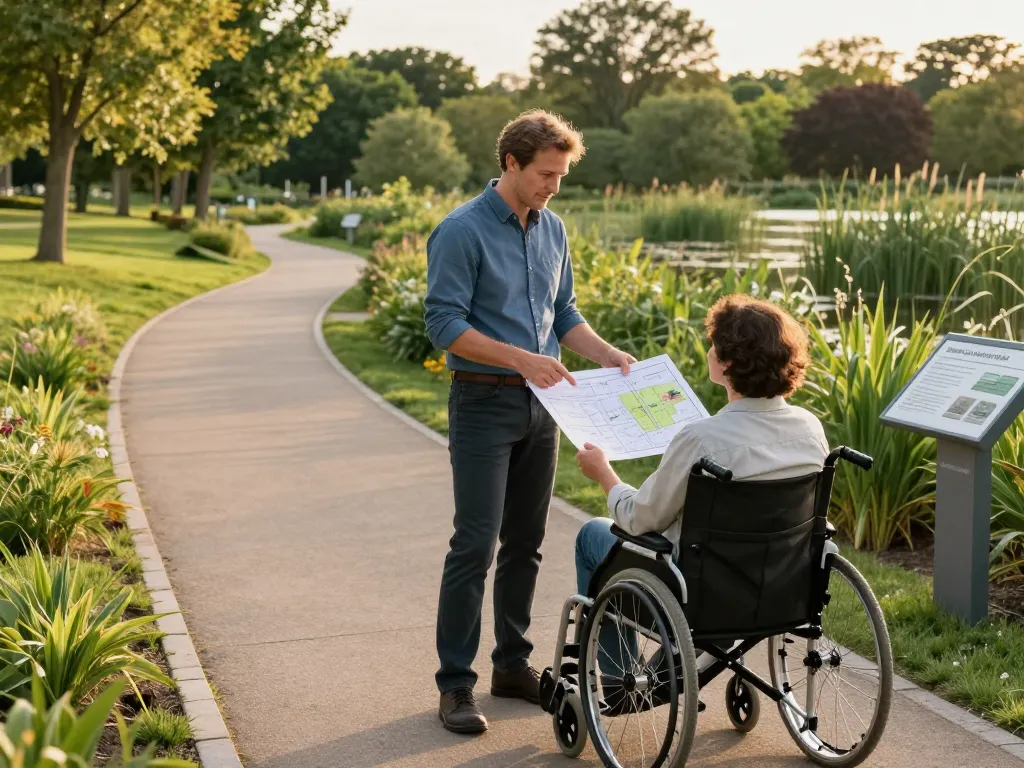 Architecte paysagiste et personne à mobilité réduite sur un sentier accessible longeant une zone naturelle protégée.