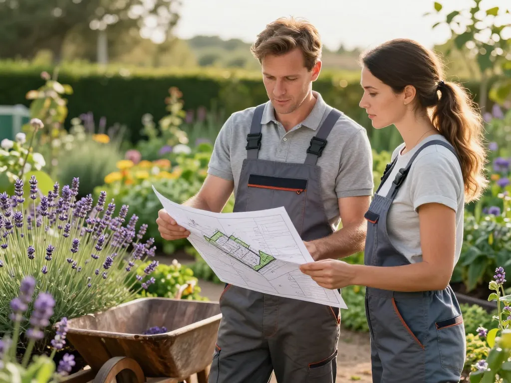 Un paysagiste professionnel présente un plan d'aménagement à une cliente dans un jardin potager bio verdoyant et fleuri.