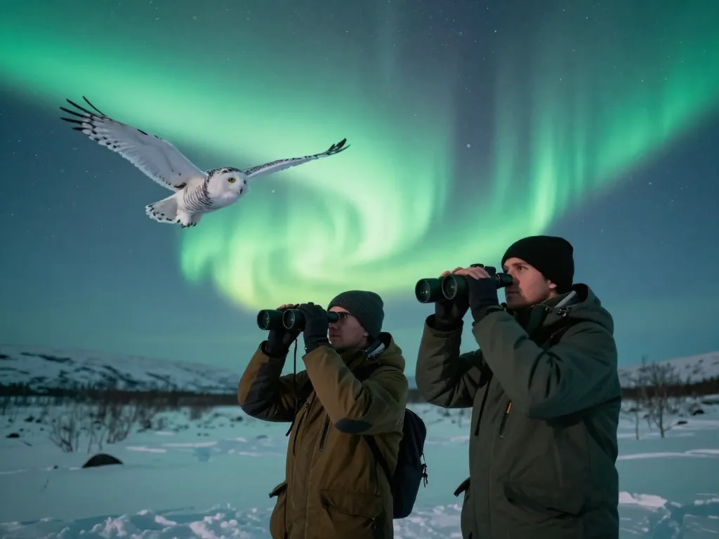 Deux observateurs de la nature admirant le vol d'un rapace nocturne devant une aurore boréale verdoyante dans un paysage d'hiver.