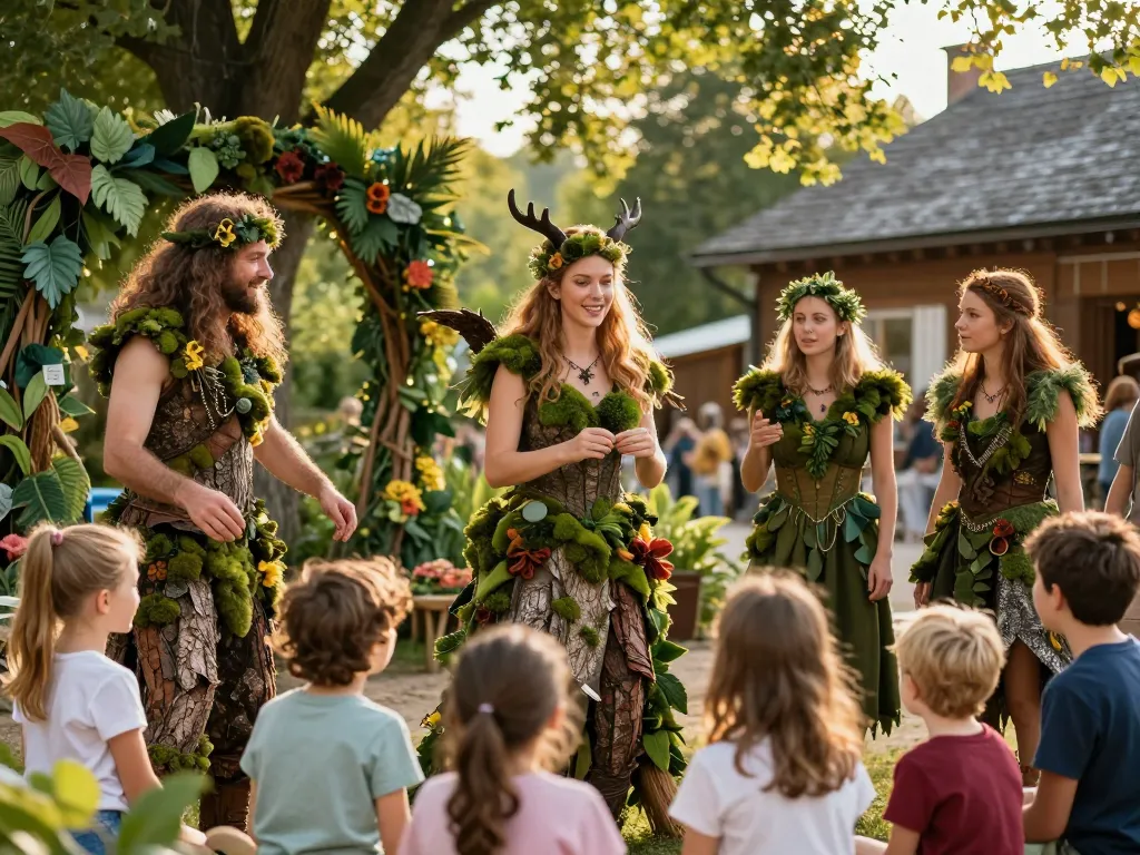 Artistes de rue déguisés en créatures fantastiques de la forêt lors d'une animation de carnaval en plein air dans un village.