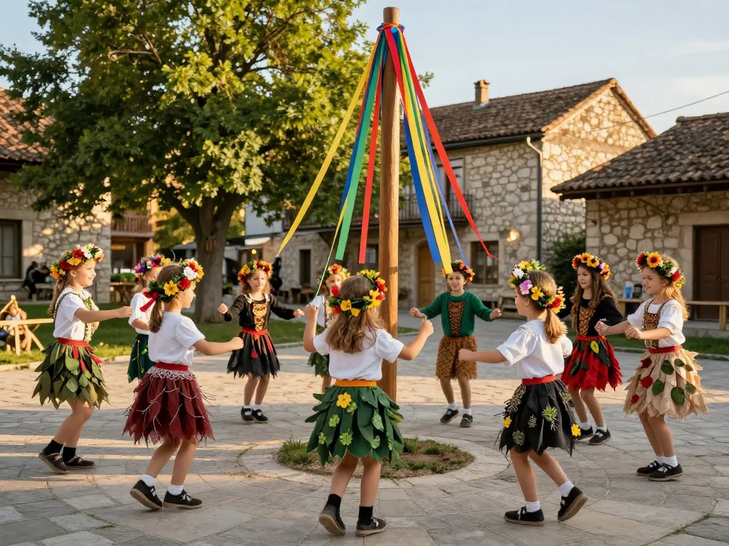 Familles et enfants déguisés avec des couronnes de fleurs célébrant un carnaval traditionnel sur une place de village ensoleillée.