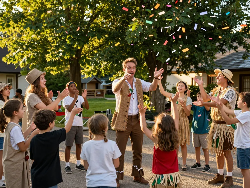 Thomas anime une fête de village conviviale en plein air avec des enfants enthousiastes et des décorations naturelles.