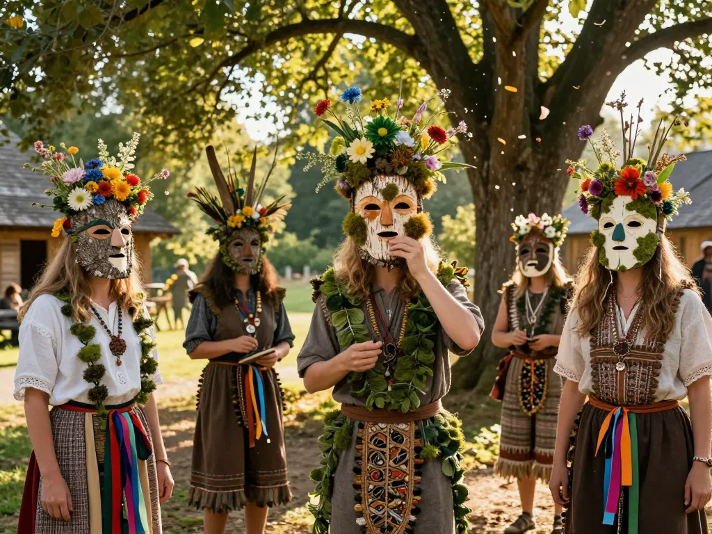 Artisans locaux célébrant le carnaval avec des masques naturels en écorce et fleurs lors d'une fête de village printanière.