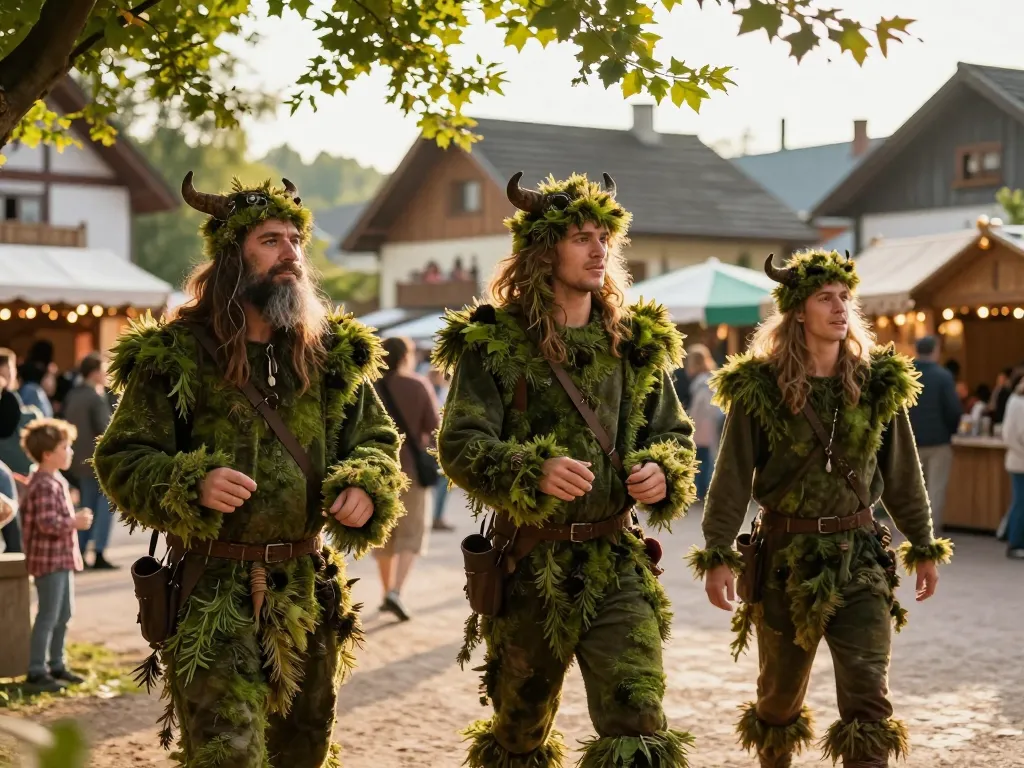 Artistes costumés en créatures de la forêt défilant lors d'un carnaval de village en plein air sous un soleil printanier.