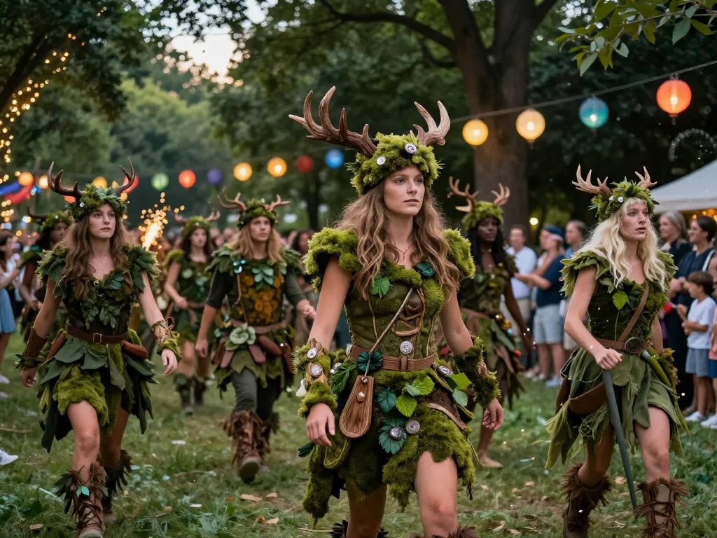 Artistes costumés en créatures de la forêt lors d'une parade de carnaval originale en extérieur.
