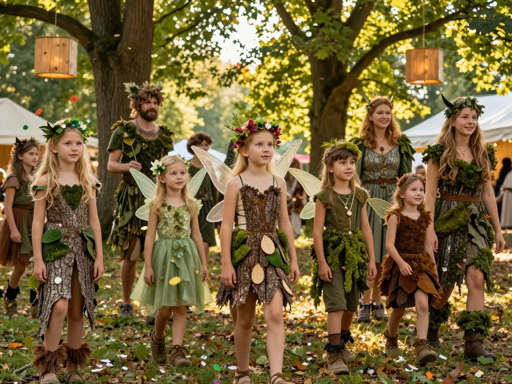 Des participants de carnaval déguisés en créatures de la forêt célébrant une fête de village en plein air dans une ambiance naturelle et féerique.