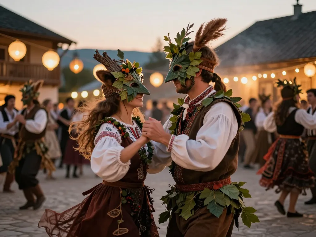 Danseurs costumés en créatures sylvestres lors d'un bal folk festif dans un village décoré au crépuscule.