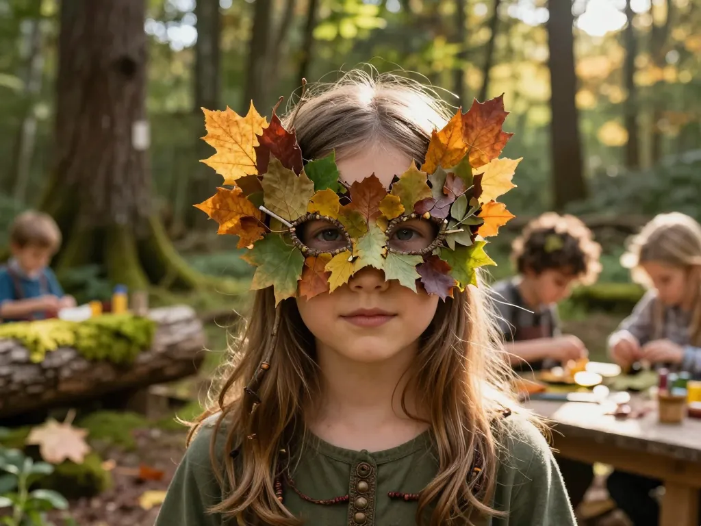 Une petite fille portant un masque de créature de la forêt fait de feuilles lors d'un atelier créatif en pleine nature.