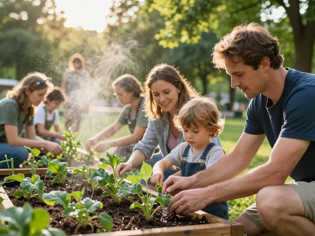Familles participant à un atelier de jardinage en plein air près d'une zone de brumisation rafraîchissante dans un parc de Lille.