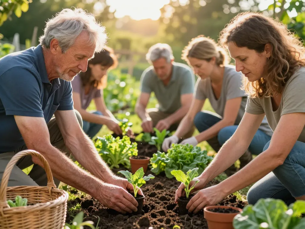 Des participants s'activent avec soin dans un potager pédagogique lors d'un atelier de microferme en pleine nature.