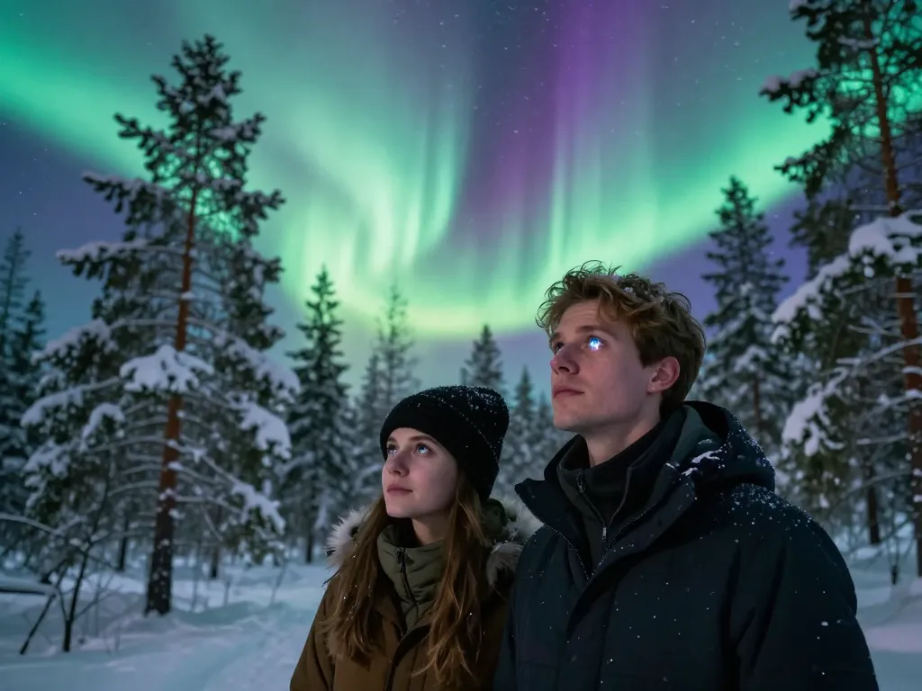 Un couple admire avec émerveillement les lueurs colorées d'une aurore boréale dans un paysage d'hiver paisible.