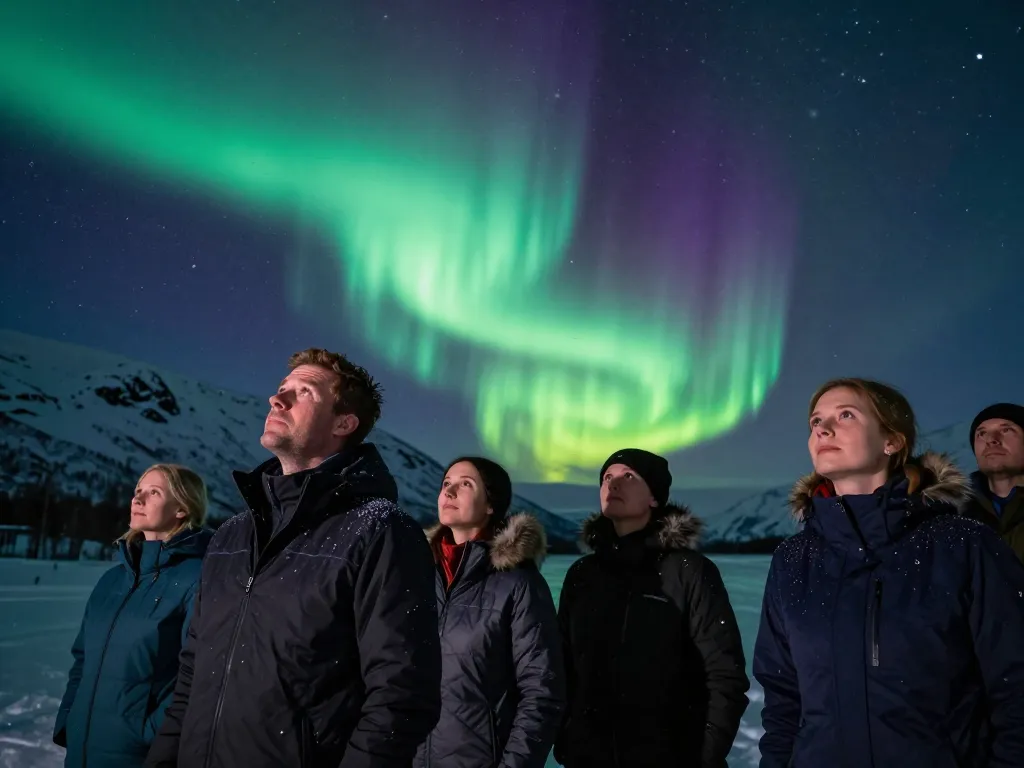 Un groupe de spectateurs fascinés par une aurore boréale verte et violette dans un paysage de montagne enneigé.