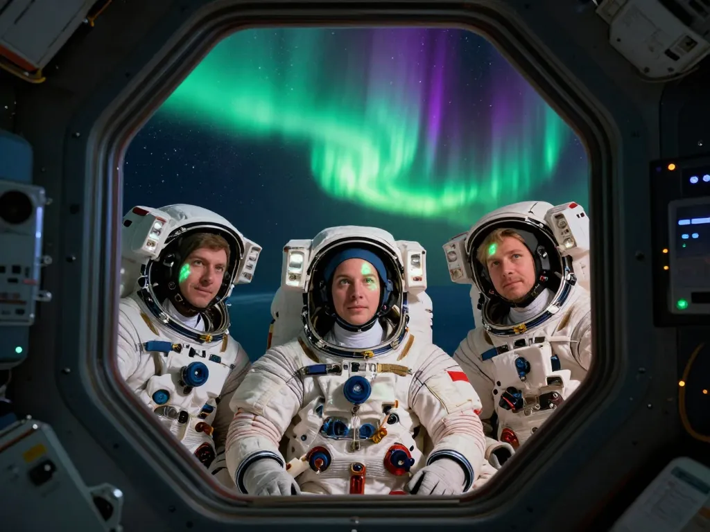 Des astronautes contemplant une aurore boréale spectaculaire depuis la coupole d'une station spatiale en orbite terrestre.