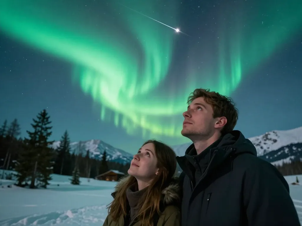 Un couple émerveillé contemplant des aurores boréales et une étoile filante dans un ciel nocturne étoilé au-dessus des montagnes enneigées.
