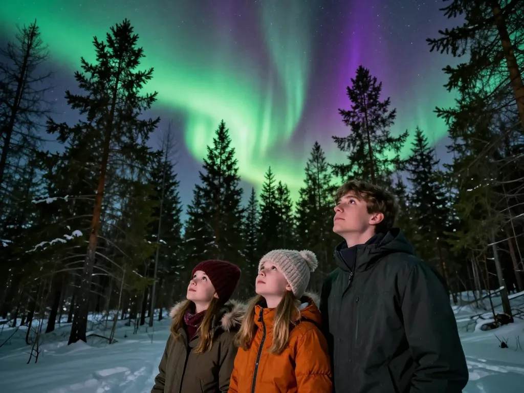 Une famille émerveillée contemple une aurore boréale spectaculaire au-dessus d'une forêt de pins enneigée.