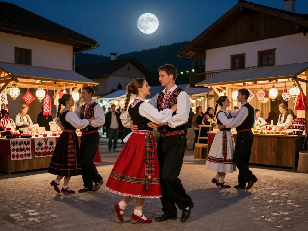 Couple de danseurs en costumes traditionnels lors d'un bal folk nocturne sur une place de village animée par un marché artisanal sous la pleine lune.