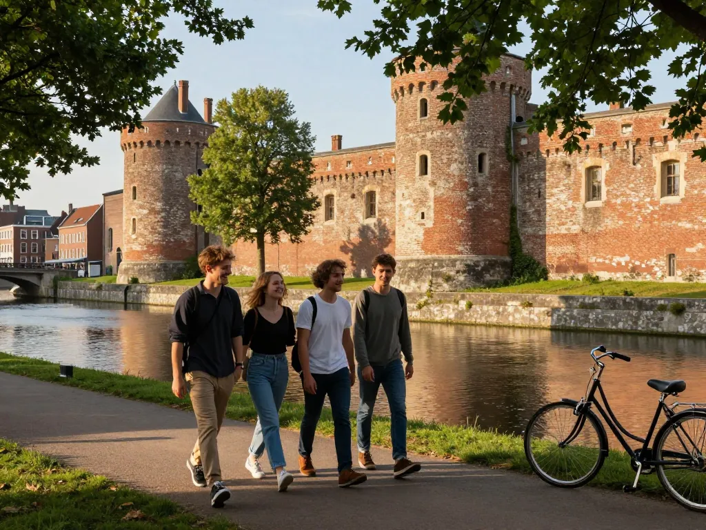 Groupe d'amis se promenant sur les berges de la Deûle près des remparts de la Citadelle de Lille en fin de journée.