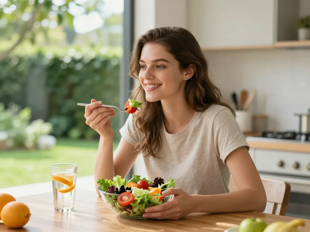 Une femme rayonnante de santé savourant un bol de légumes frais et colorés dans une cuisine baignée de lumière naturelle.