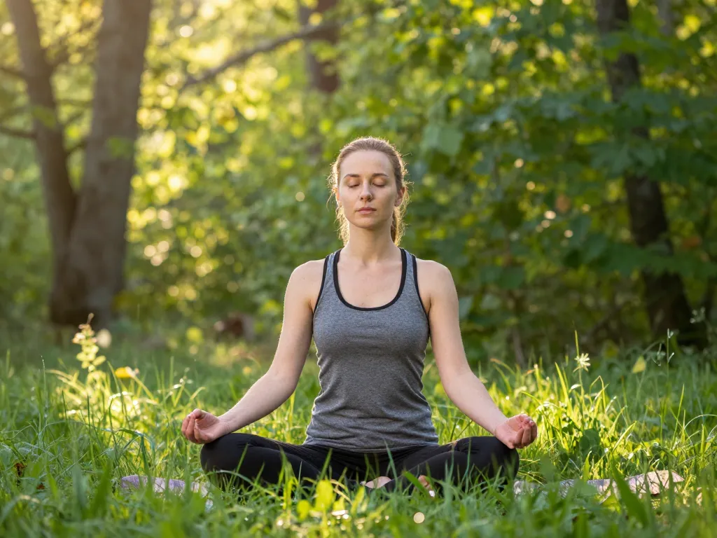 Une femme sereine méditant au cœur d'une forêt verdoyante baignée par la lumière du matin pour un moment de détente naturelle.