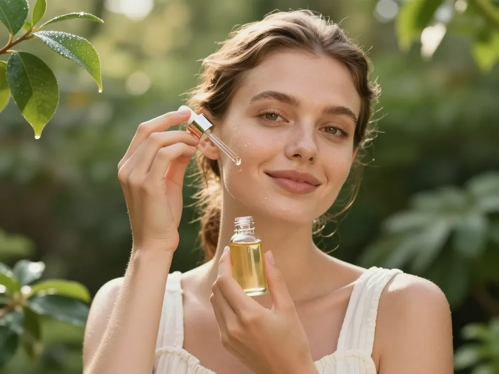 Une femme souriante à la peau éclatante appliquant un soin naturel dans un jardin luxuriant baigné de soleil.