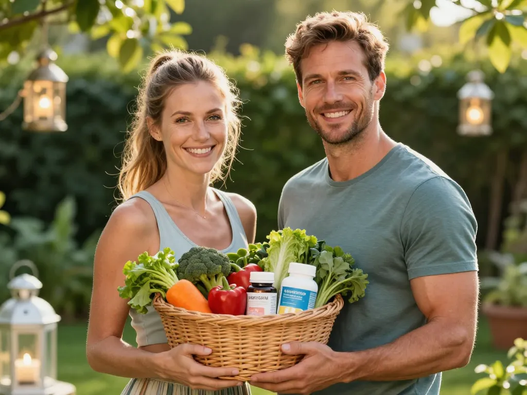 Couple rayonnant de santé tenant un panier de légumes frais et de compléments nutritionnels dans un jardin décoré pour une fête sous une lumière dorée.