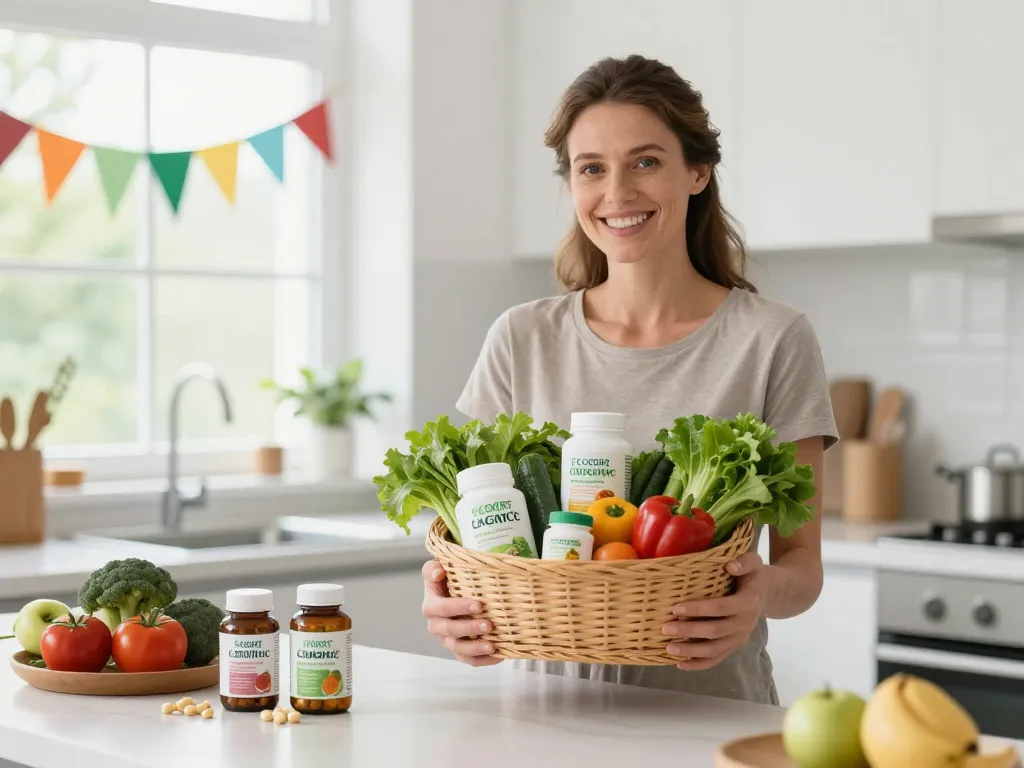Une femme souriante dans sa cuisine moderne recevant des produits bio certifiés Ecocert, symbolisant l'équilibre nutritionnel et la santé naturelle.
