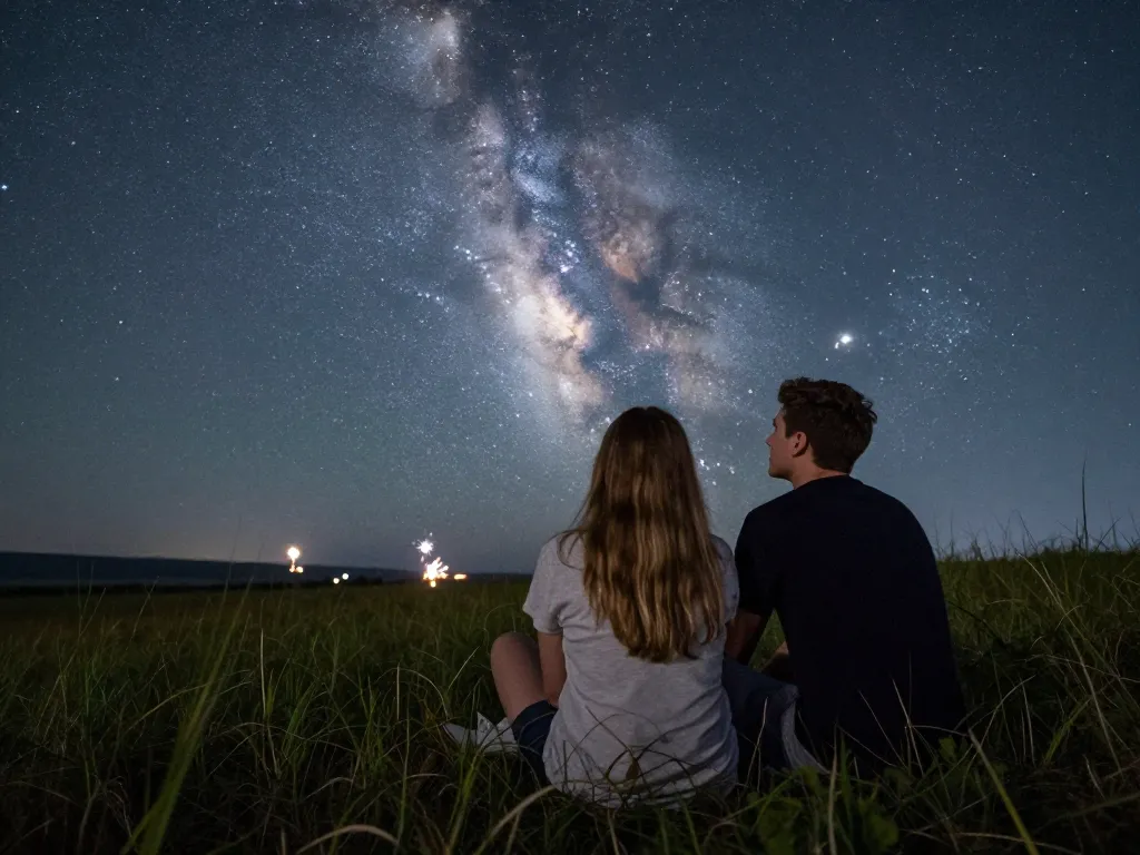 Un couple assis dans une prairie sombre admirant l'immensité de la Voie lactée et un ciel étoilé alors que de petits feux d'artifice brillent au loin.