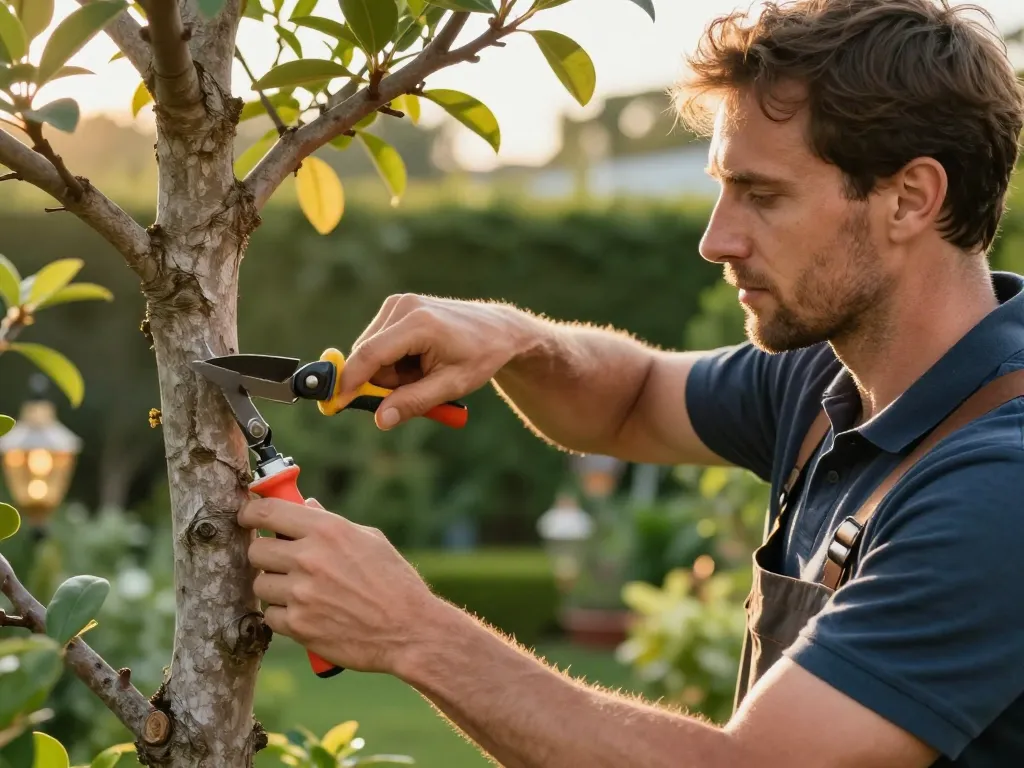 Un paysagiste expert en plein travail de taille de précision sur un arbre dans un jardin ensoleillé.