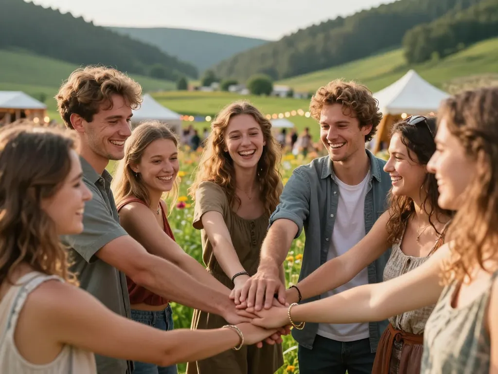 Un groupe de jeunes gens souriants se tenant par la main dans une prairie fleurie sous une lumière dorée de fin de journée.