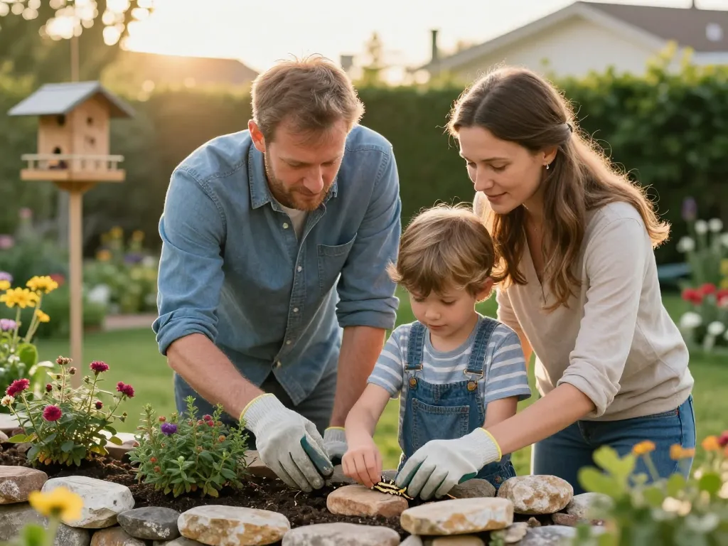 Une famille aménageant un jardin durable avec des nichoirs et des plantes locales pour protéger la biodiversité.