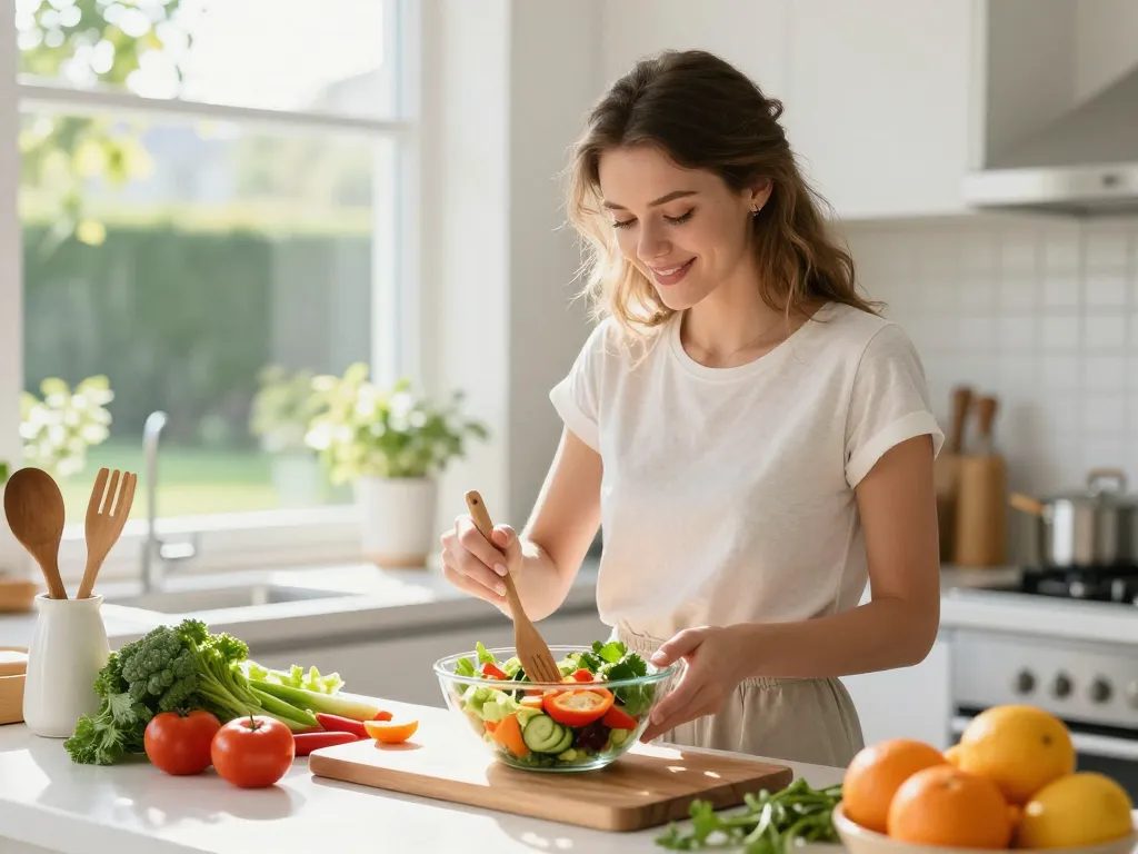 Une femme souriante préparant une salade de légumes frais dans une cuisine baignée de lumière naturelle avec vue sur un jardin.