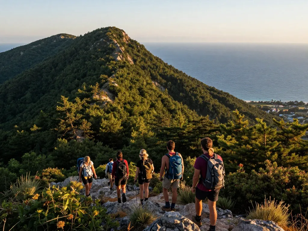 Un groupe de randonneurs admire le panorama exceptionnel entre les massifs forestiers et le littoral depuis le sommet d'une montagne.