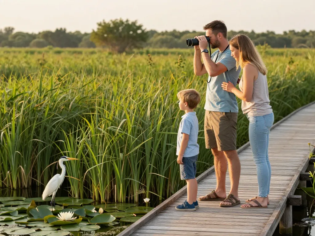 Une famille observe des oiseaux sauvages depuis un chemin en bois traversant un marais préservé.