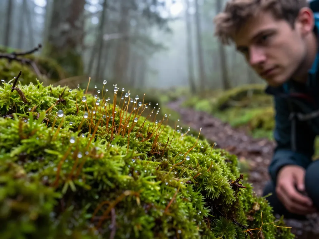 Gros plan détaillé de mousse verte humide avec des gouttelettes d'eau étincelantes dans une zone humide lors d'une randonnée.