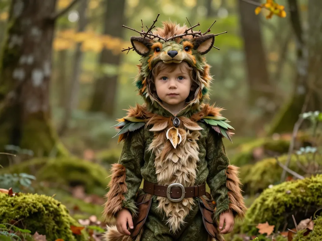 Un jeune enfant aux traits réalistes déguisé en créature de la forêt dans une clairière ensoleillée avec une couronne de brindilles.