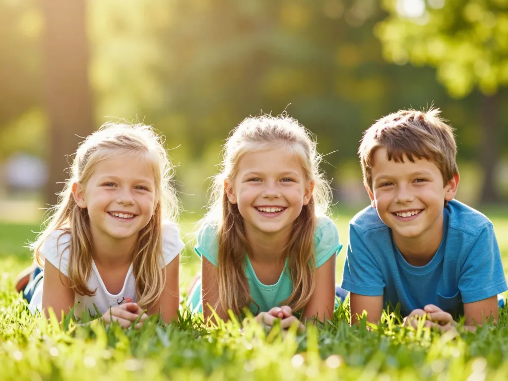 Trois jeunes enfants riant aux éclats dans un parc verdoyant de Lille sous le soleil d'été.