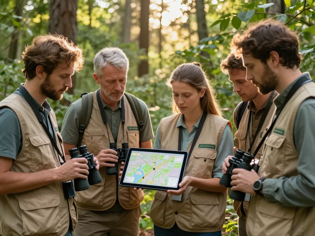 Un groupe de bénévoles passionnés utilisant une tablette pour une mission d'observation de la biodiversité en forêt.