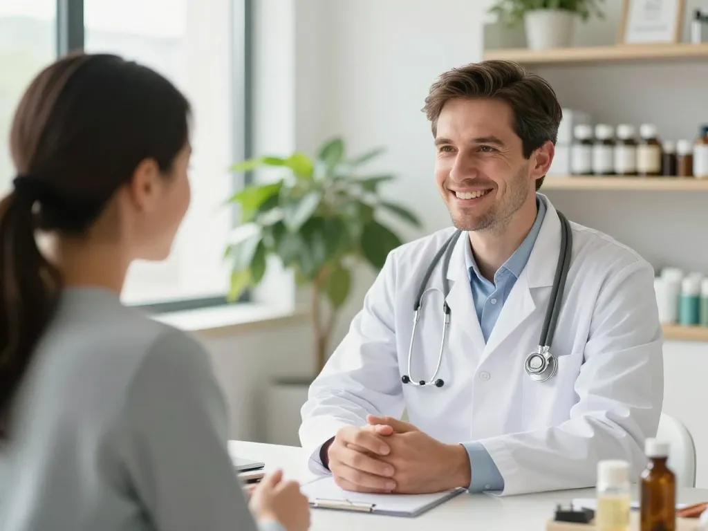 Un expert en santé naturelle échangeant avec bienveillance avec une cliente dans un bureau lumineux et serein.