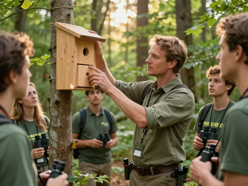 Un expert naturaliste transmettant son savoir sur la protection de la faune à des bénévoles lors d'une initiative locale en forêt.