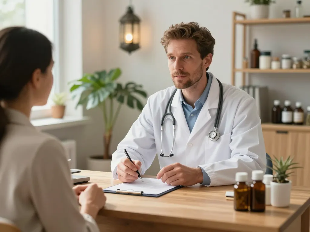 Un expert en santé naturelle et bien-être discutant avec bienveillance avec une cliente dans un bureau lumineux et végétalisé.