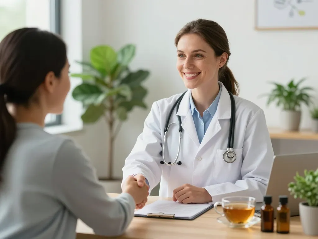 Une experte en santé naturelle souriante et chaleureuse discutant avec une personne dans un bureau lumineux et végétalisé.
