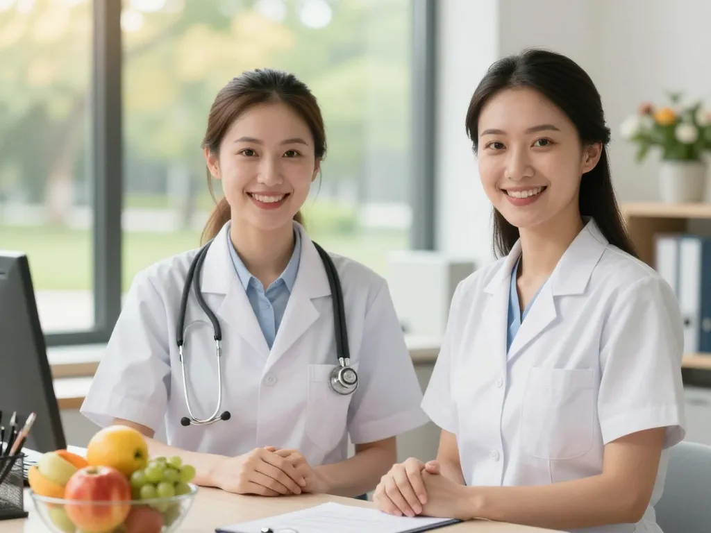Une équipe de professionnels de la nutrition souriants et à l'écoute dans un bureau lumineux ouvert sur la nature.