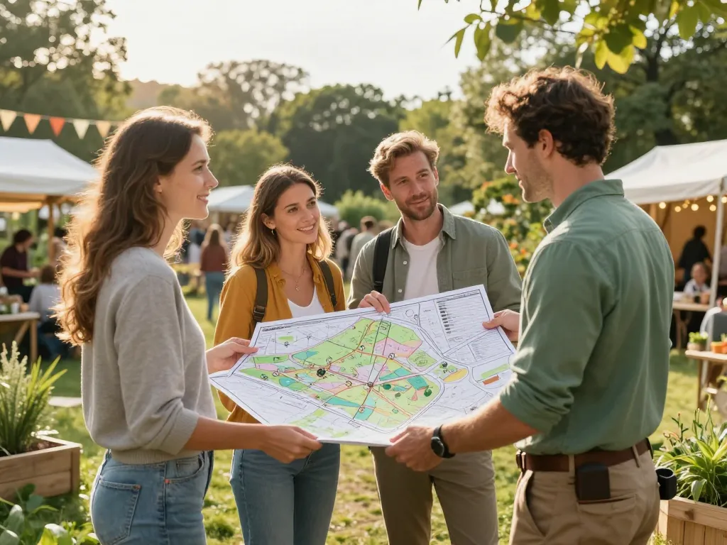 Un paysagiste expert présente une carte de projet d'aménagement durable à un couple dans un parc verdoyant et festif.