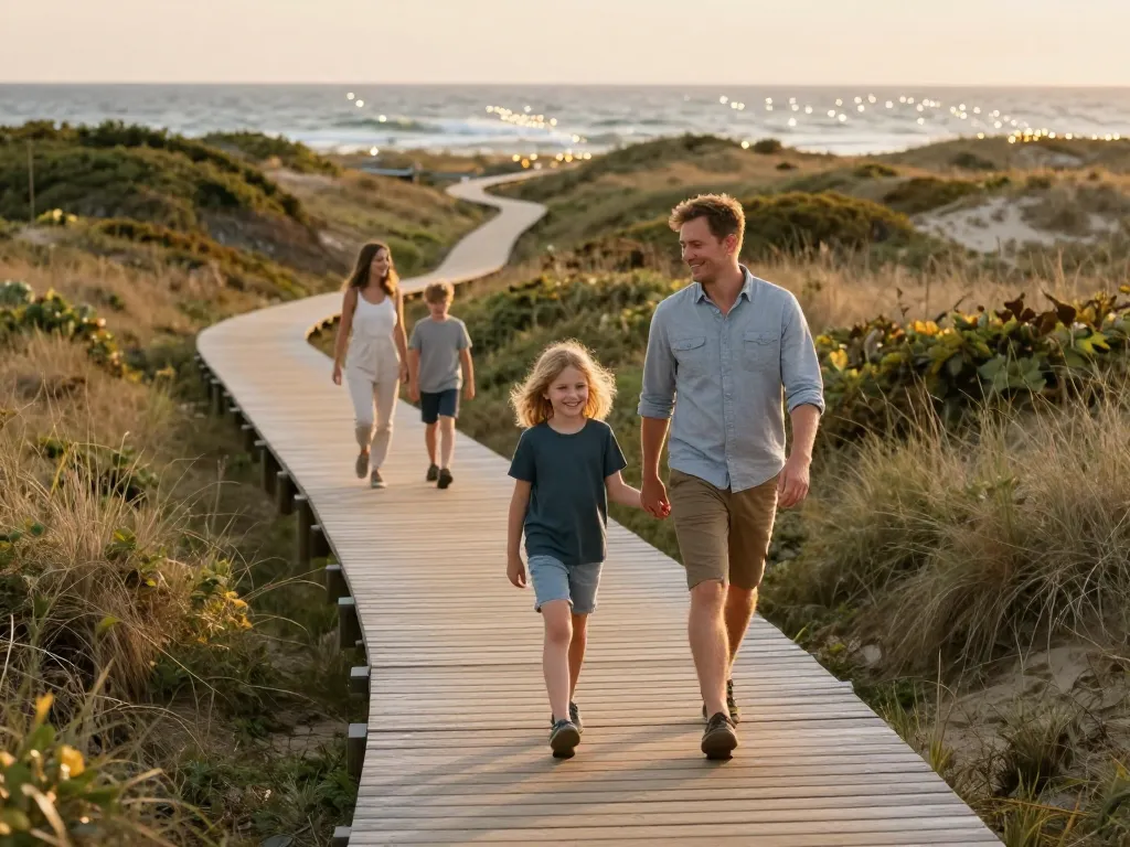 Famille marchant sur un sentier en bois écologique à travers les dunes du littoral en fin de journée.