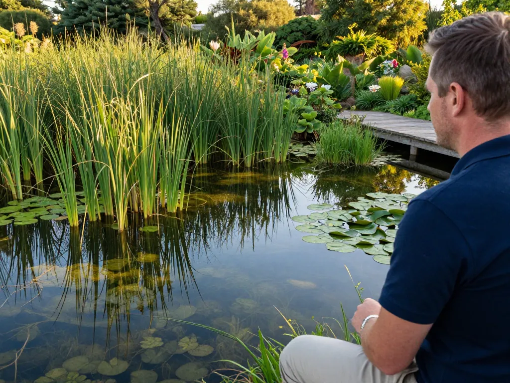 Paysagiste expert observant une zone humide réhabilitée avec un étang naturel et une végétation luxuriante en pleine santé.