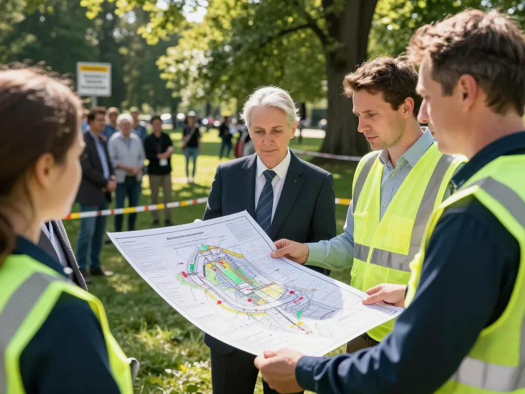Professionnels de l'aménagement et de la sécurité présentant un plan d'accueil du public dans un parc verdoyant.
