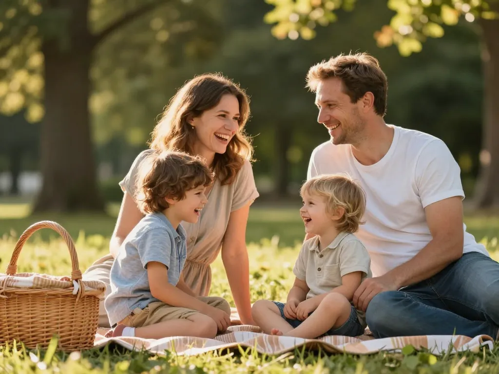 Une famille joyeuse avec deux enfants profite d'un pique-nique sur l'herbe au parc de la Citadelle à Lille.