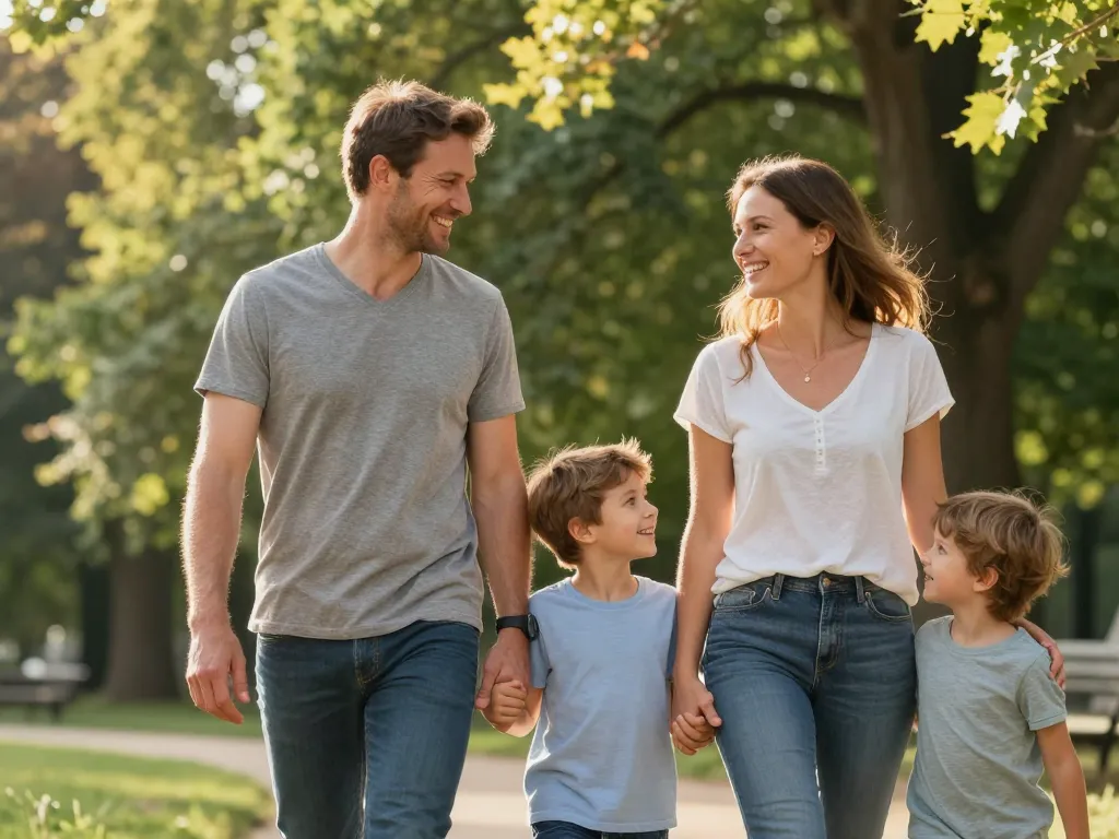 Une famille souriante profite d'une balade au cœur de la verdure du parc de la Citadelle à Lille.